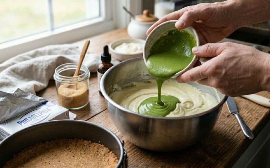 Verser la pâte de matcha concentrée dans l'appareil à cheesecake crémeux au Philadelphia.