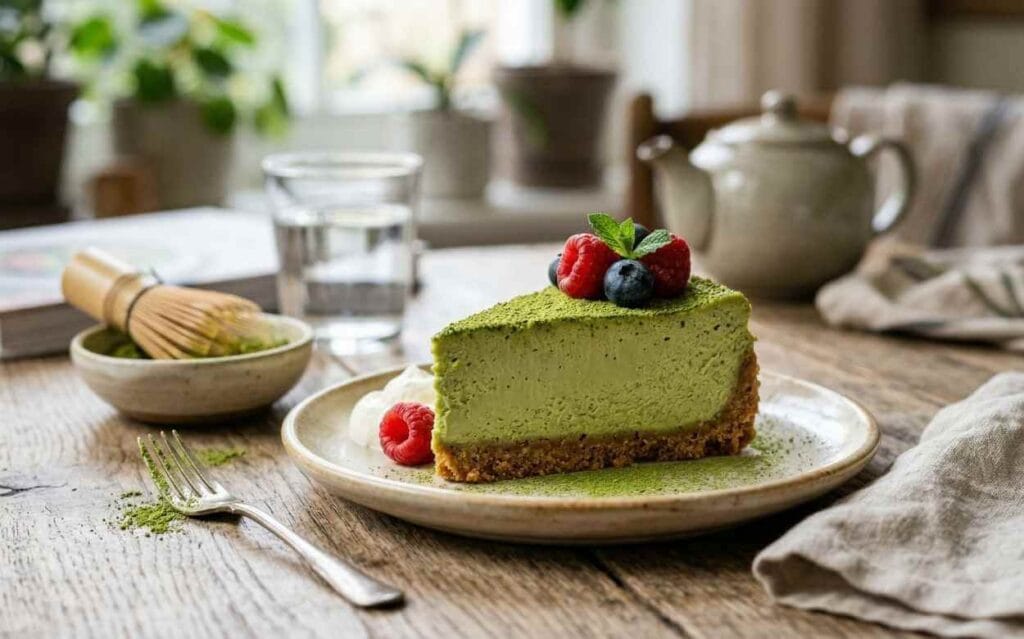Une part de cheesecake au thé vert matcha décorée de framboises, de bleuets et saupoudrée de poudre de matcha.