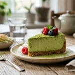Une part de cheesecake au thé vert matcha décorée de framboises, de bleuets et saupoudrée de poudre de matcha.