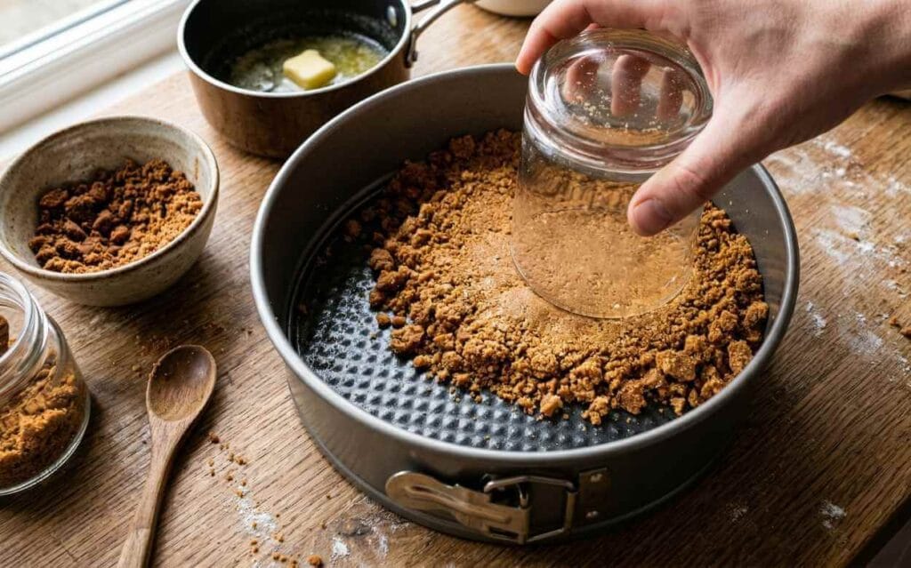 Mains pressant une base de biscuits speculoos concassés au fond d'un moule à charnière avec le fond d'un verre.