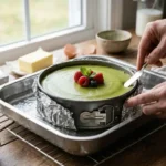 Photographie en gros plan de mains de pâtissier décollant délicatement le bord d'un cheesecake au matcha cuit, à l'aide d'une petite spatule coudée. Le gâteau, décoré de framboises et d'un bleuet, est dans son moule à charnière entouré d'aluminium, qui repose dans un plat de cuisson rempli d'eau (bain-marie) sur une table en bois rustique. Des coquilles d'œufs vides et un bol de sucre sont visibles au premier plan.