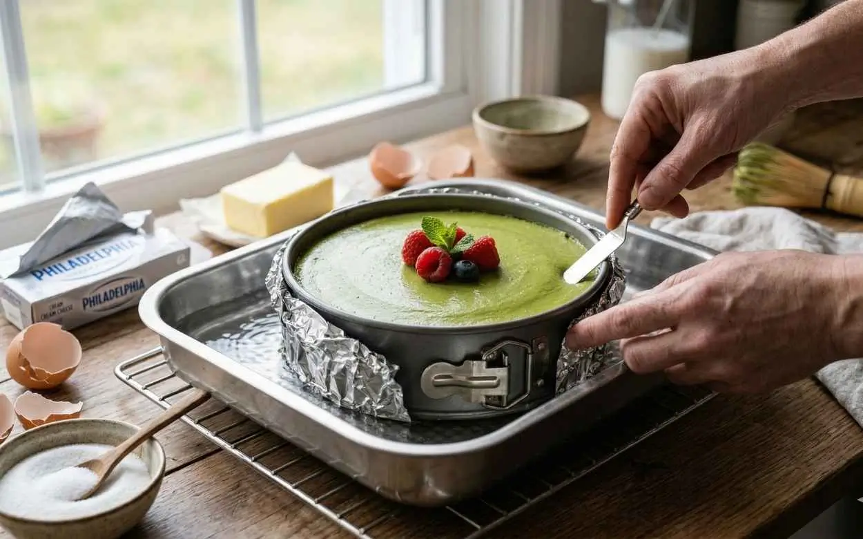 Photographie en gros plan de mains de pâtissier décollant délicatement le bord d'un cheesecake au matcha cuit, à l'aide d'une petite spatule coudée. Le gâteau, décoré de framboises et d'un bleuet, est dans son moule à charnière entouré d'aluminium, qui repose dans un plat de cuisson rempli d'eau (bain-marie) sur une table en bois rustique. Des coquilles d'œufs vides et un bol de sucre sont visibles au premier plan.