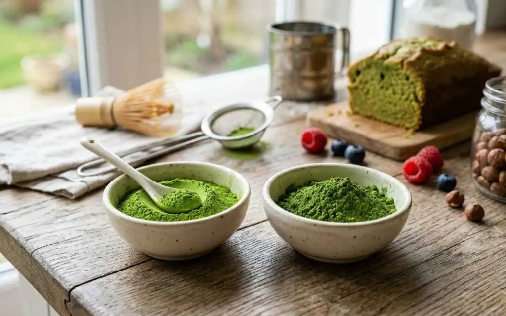 Deux bols de poudre de thé matcha vert vif posés sur une table en bois rustique. Le bol de gauche contient une cuillère en céramique blanche remplie de poudre. En arrière-plan, on aperçoit des outils de pâtisserie, un pain d'épices au matcha, des framboises et des myrtilles.